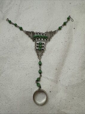 Handmade Green Bead Silver-Tone Dangle Bracelet